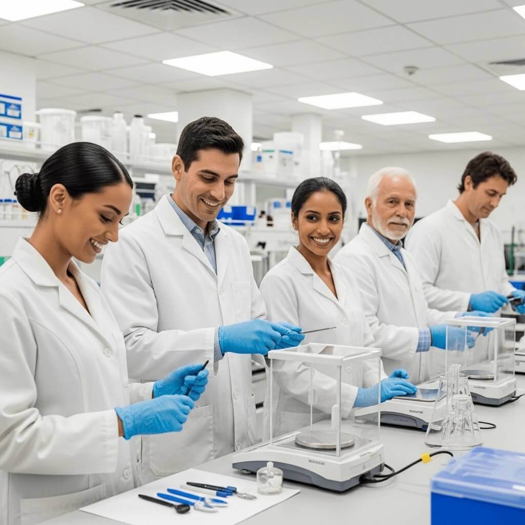 Farmacêutico em laboratório moderno realizando manipulação de alta precisão